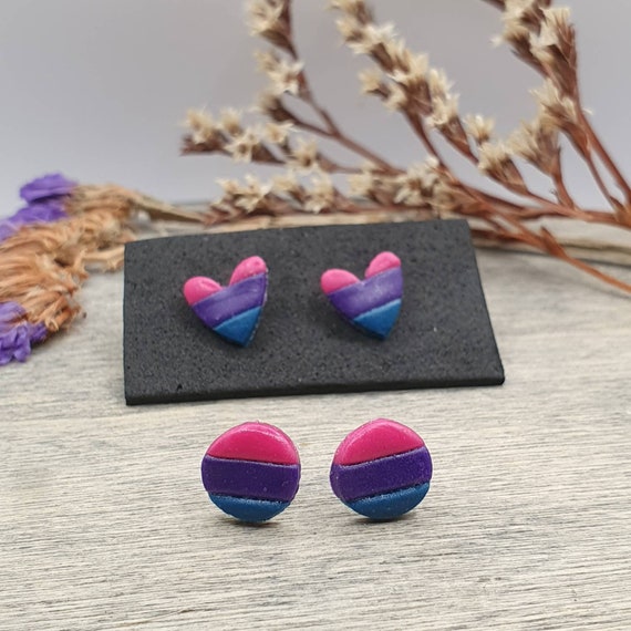 Bisexual Pride Flag Studs Handmade Round or Heart Shaped