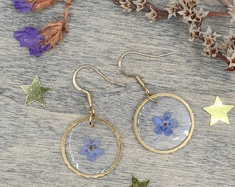 Dried "Forget Me Not" Flower Earring: Small Blue Blossom in Clear Resin. Gold Stainless Steel, Round Pendant, Nature Earring |LittleLuxLabel