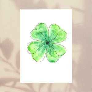 Arte digital de acuarela de trébol de cuatro hojas: pieza de arte original pintada a mano, inspirada en la naturaleza, arte de pared, decoración del hogar, postal / LittleLuxLabel