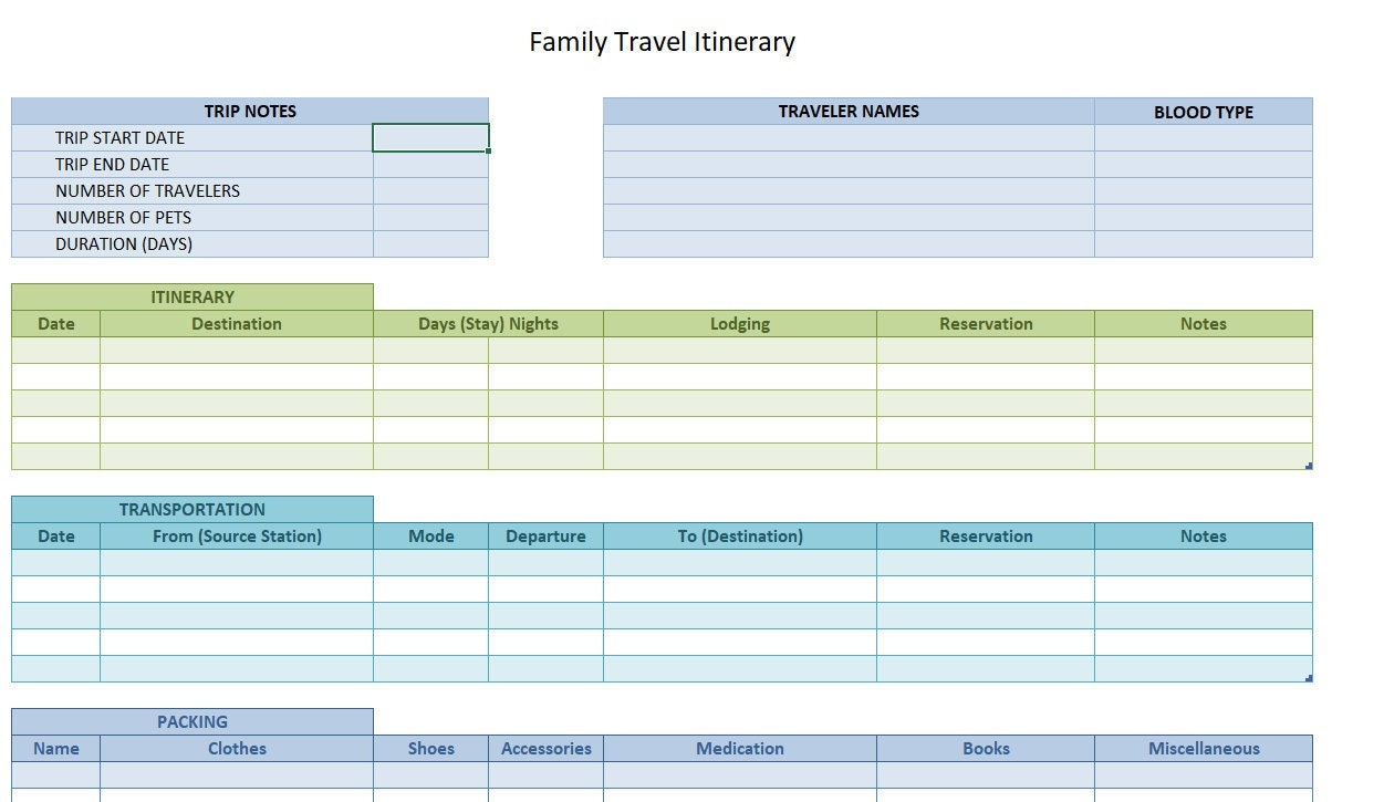 travel itinerary spreadsheet example