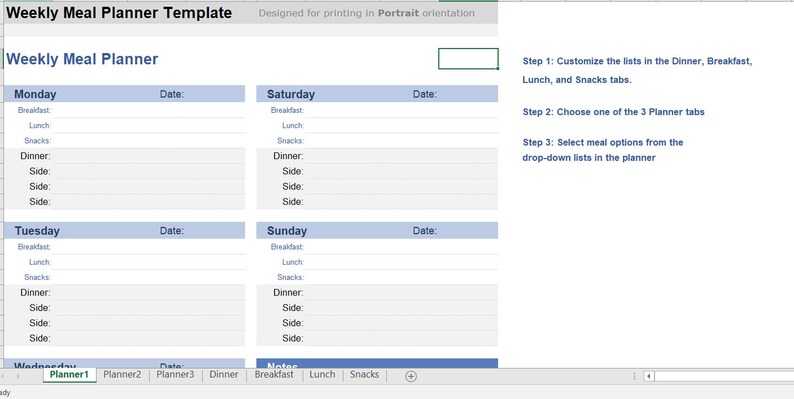 Weekly Meal Planner Excel Template - Etsy