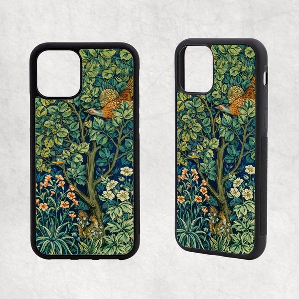 William Morris Pheasant Art iPhone Rubber Case, Feuilles vertes Floral Soft TPU Case 15,14,13,12 Mini,11 Pro Max,2020,7/8 plus,6plus,XR,Xs,Oiseaux