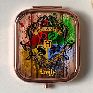 Harry Potter Hogwarts Personalised Compact Mirror,Rectangle & Round Pocket Mirror in Rose Gold,Silver,Keepsake Friend, Mum, Birthday Gift