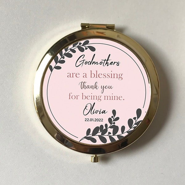 Personalised Godmother Compact Mirror,Godmothers are a blessing Quote,Keepsake,Christening,Grey leaves, Thank you Godparent,Rose Gold,Silver