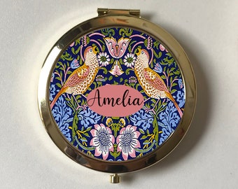 Espejo compacto personalizado de ladrón de fresa azul, espejo de bolsillo de oro rosa de William Morris, mamá de recuerdo de boda, regalo de damas de honor, regalos de despedida de soltera