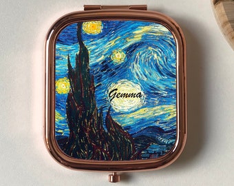 Starry Night Personalised Compact Mirror,Van Gogh Pocket Mirror Round,Keepsake Gift Friend,Blue Yellow Art,Rose Gold,Silver ,Gift for artist