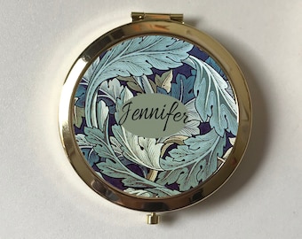 Acanthus Personalised Compact Mirror,William Morris Keepsake Gift Friend,Token Of Love  Mum,Blue Grey,Wedding Bridesmaid,Bride,Art Nouveau