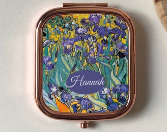 Van Gogh Blue Irises Personalised Compact Mirror,Rectangle Pocket Mirror,Keepsake Gift Friend,Floral Art Lover gift,Violet Green Flowers Mum