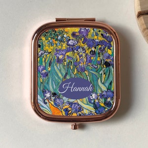 Van Gogh Blue Irises Personalised Compact Mirror,Rectangle Pocket Mirror,Keepsake Gift Friend,Floral Art Lover gift,Violet Green Flowers Mum