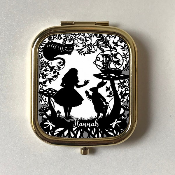 Alice in Wonderland Personalised Compact Mirror,Rectangle Rose gold & silver Pocket Mirror,Daughter Keepsake Gift,Black Grey Silhouette Art