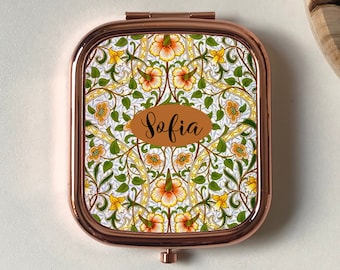 William Morris Daffodil Miroir compact personnalisé, cadeau souvenir pour maman, miroir de maquillage en or rose, cadeaux de demoiselle d'honneur en argent, faveurs de mariage