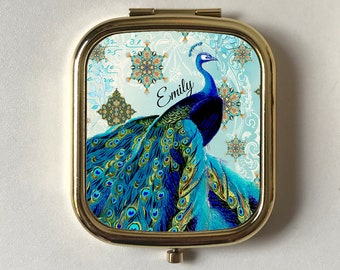 Miroir compact personnalisé bleu paon, rectangle et miroir de poche rond en or rose et argent, ami cadeau souvenir, motif d’oiseau marocain