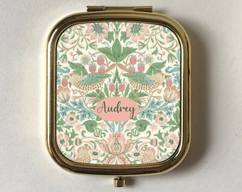 Pastel Strawberry Thief Pink Green Blue Personalised Compact Mirror,William Morris Pocket Mirror, Keepsake Gift Mum,Rose Gold wedding favour