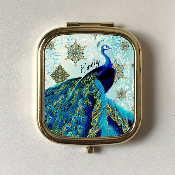 Specchio compatto personalizzato blu pavone, specchio tascabile rettangolare e rotondo in oro rosa e argento, amico regalo ricordo, motivo uccello marocchino