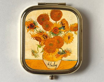 Van Gogh Sunflowers Mustard Yellow Green Personalised Compact Mirror,Rectangle Pocket Mirror, Keepsake Gift Friend,Floral,Rose Gold,Silver