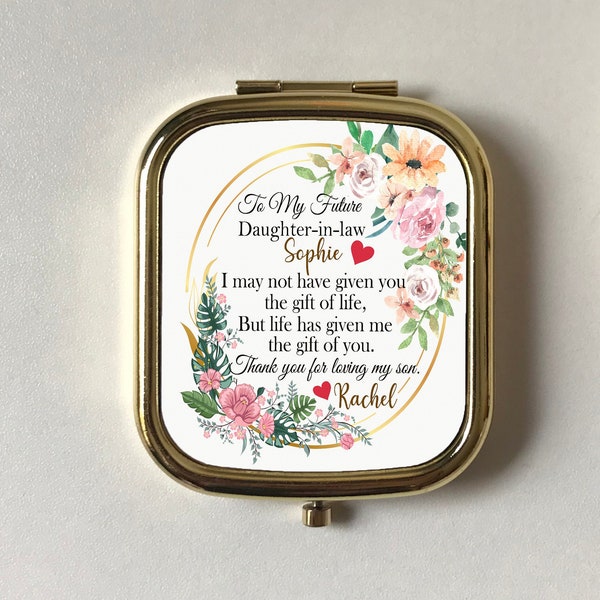 Personalised Future Daughter in law, Wedding Keepsake Bride,Gift from Mother of the Groom, Rectangle Rose Gold Silver Compact Mirror,Floral