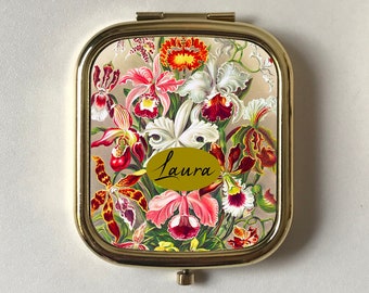 Orchids Personalised Compact Mirror,Rectangle & Round Pocket Mirror Rose Gold,Silver,Keepsake Mum,Vintage Colorful Flowers,Ernst Haeckel Art