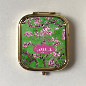 Espejo compacto personalizado con diseño de flor de almendro, espejo de bolsillo plateado Van Gogh, recuerdo para amiga, mamá, espejo floral verde, rosa y blanco, espejo de maquillaje en oro rosa.