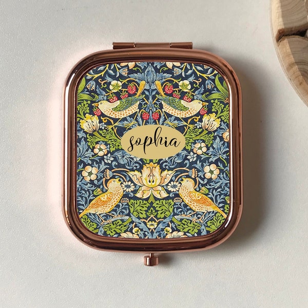 Green Blue Strawberry Thief Personalised Compact Mirror,William Morris Pocket Mirror, Keepsake Gift Friend, Rose Gold, Silver wedding favour