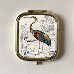 Heron Stork Compact Mirror, Bird Pencil Sketch art Keepsake Gift for Friend,Rectangle Rose Gold Pocket Mirror, Personalised Gift, Nan, Mum