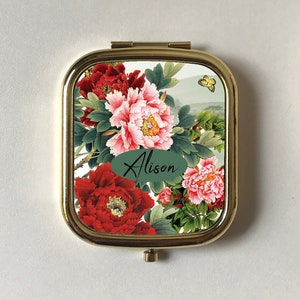 Espejo compacto personalizado con diseño floral de peonías, rosa y rojo, espejo de bolsillo de oro rosa, regalo de recuerdo para esposa, regalos de boda, regalo de dama de honor, aniversario.