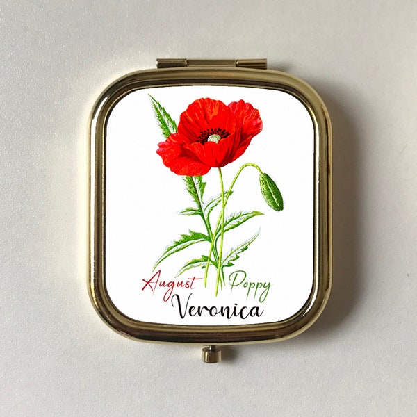 Miroir compact fleur de naissance personnalisé, cadeau d'anniversaire d'août, or rose, miroir de poche argenté, coquelicot rouge floral, ami souvenir, maman, grand-mère