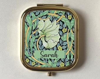 Pimpernel Personalised Compact Mirror,William Morris Pocket Mirror,wedding Keepsake,Rose Gold & Silver Bridesmaids Gifts,Green Yellow Floral