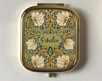 Miroir compact personnalisé Pimpernel, miroir de poche William Morris, souvenir de mariage, cadeaux de demoiselles d’honneur en or rose et argent, floral vert olive