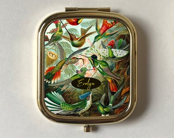 Kolibris Personalisierter kompakter Spiegel,rechteckiger & runder Taschenspiegel in Rose Gold,Silber,Andenken Freund,Vintage Vögel,Ernst Haeckel Art