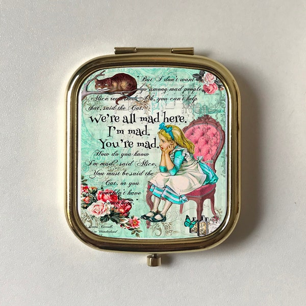 Alice in Wonderland Compact Mirror,Rectangle Rose gold Pocket Mirror,Daughter Keepsake Gift,We're all mad here Quote, Green Pink Vintage Cat