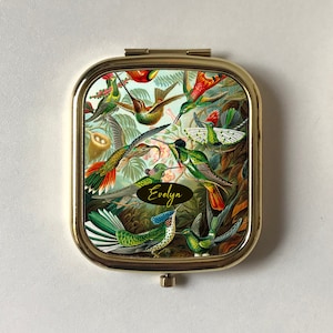 Miroir compact personnalisé colibris, miroir de poche rectangulaire et rond en or rose, argent, souvenir ami, oiseaux vintage, oeuvre d'art d'Ernst Haeckel