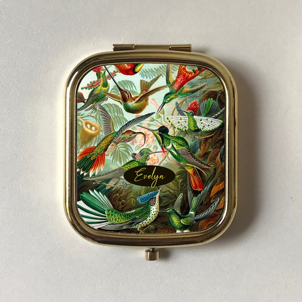 Miroir compact personnalisé colibris, rectangle et miroir de poche rond en or rose, argent, ami souvenir, oiseaux vintage, art d’Ernst Haeckel