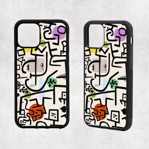 May include: Three black phone cases with a white background and colorful abstract designs. The designs feature black lines, red, yellow, green, and purple shapes.
