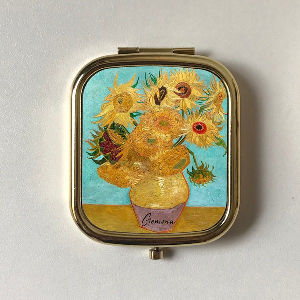 Van Gogh Tournesols Moutarde Jaune Bleu Miroir Compact Personnalisé, Miroir de Poche Rectangle, Cadeau Souvenir Ami, Floral, Or Rose, Argent