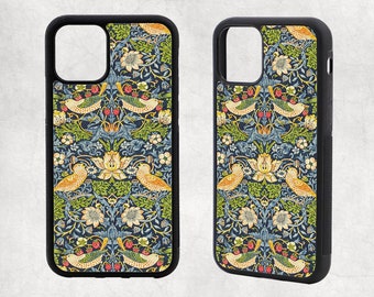Étui en caoutchouc pour iPhone 17 Air, 6,15,14,13,12 Pro Max, Mini, 11, SE, 7/8 plus, XR, Art nouveau, William Morris, vert fraise bleu voleur d'oiseaux, art nouveau