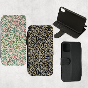 Capa carteira para iPhone Willow Bough 16, 15, 14, 13 Pro, 12 Mini, 11 Pro Max, SE 2022, 7/8 plus, XR, S21 Ultra, Note 20, William Morris Verde e Folhas Marrons