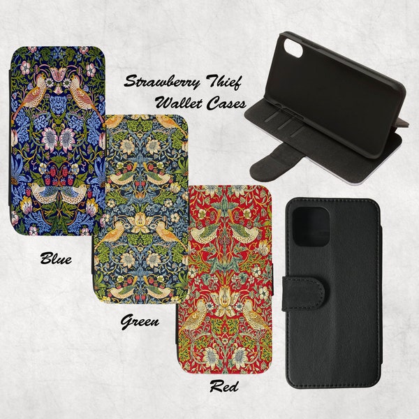 Strawberry Thief iPhone Wallet Case 15,14,13 Pro,12 Mini,11 Pro Max,SE 2022,8plus,XR,S21 Ultra,S20, Note,Bleu,Vert,Oiseaux rouges,William Morris