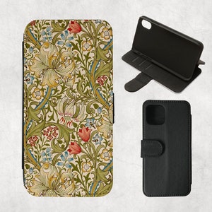 Funda tipo cartera para iPhone en color verde lirio dorado para modelos 16 Plus, 15, 14 Plus, 13 Pro, 12 Mini, 11 Pro Max, SE 2022, 7/8 Plus, XR, S21 Ultra, con flores rosas de William Morris.