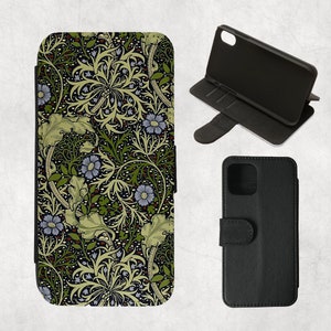 Capa carteira para iPhone William Morris Seaweed Green & Blue Flowers 16,15,14,13 Pro,12 Mini,11 Pro Max,SE 2022,7/8 plus,XR,XS,S21 Ultra,S9,Note 10