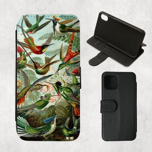 Capa carteira Hummingbirds Art para iPhone 16, 15, 14, 13 Pro, 12 Mini, 11 Pro Max, SE 2022, 7/8 plus, XR, S21 Ultra, S20, Note, Ernst Haeckel vermelho verde pássaros