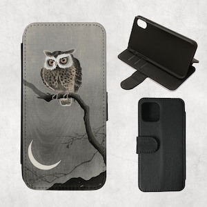 Coruja ao luar, capa tipo carteira para iPhone 16, 15, 14, 13 Pro, 12 Mini, 11 Pro Max, SE 2022, 7/8 plus, XR, Xs 6s Plus, S21 Ultra, Note 20, pássaro, cinza, vintage