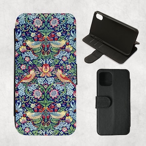 Funda tipo billetera para iPhone 16, 15, 14, 13 Pro, 12 Mini, 11 Pro Max, SE 2022, 7/8 plus, XR, S21 Ultra, S20 William Morris con tapa azul y roja