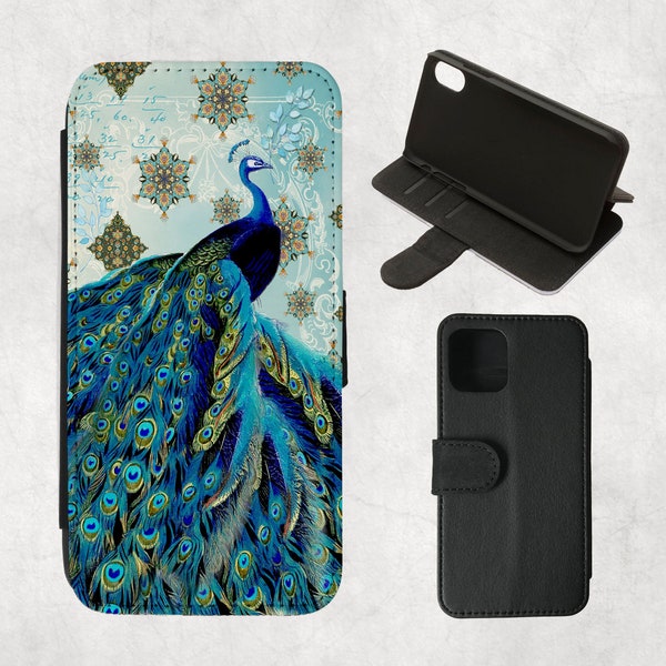 Peacock iPhone Wallet Case 15,14,13 Pro,12 Mini,11 Pro Max,SE 2022,7/8 plus,XR,S21 Ultra,S20,Note 10,Ethnic Royal Blue,Turquoise Phone case
