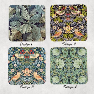 William Morris Mix Coasters,New Home,Birthday,Housewarming Gift,Green Blue Red Grey Art Nouveau Set of 4 Strawberry Thief,Acanthus,Pimpernel