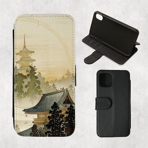 Capa carteira para iPhone Pagoda & Rainbow 16, 15, 14, 13 Pro, 12 Mini, 11 Pro Max, SE 2022, 7/8 plus, XR, S21 Ultra, Note, arte vintage japonesa, paisagem