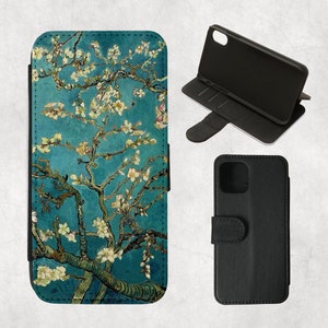 Funda tipo billetera con diseño de flor de almendro de Van Gogh para iPhone y Samsung, 16, 15, 14, 13 Pro, 12 Mini, 11 Pro Max, SE 2022, 7/8 plus, XR, S21 Ultra, Note20, azul verdoso