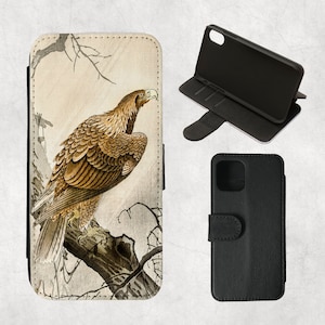 Capa carteira para iPhone Eagle on a tree Branch 16, 15,14 Pro,13,12 Mini,11Pro Max,SE 2022,7/8 plus,XR,S21 Ultra,Note, Bird of Prey, Arte vintage