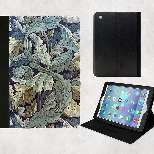 William Morris Acanthus Grey Beige Leaves iPad Folio Case 9.7 2018 6th gen,Air 5 2022,Pro11,Mini4/5,Christmas Gift Mum,Art Nouveau Book Case