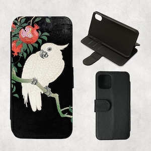 Capa carteira para iPhone Cockatoo & Pomegranate 16,15,14,13 Pro,12 Mini,11Pro Max,SE 2022,7/8+,XR,Xs 6s,S21 Ultra, S20, Note,Bird,Cinza,Arte vintage