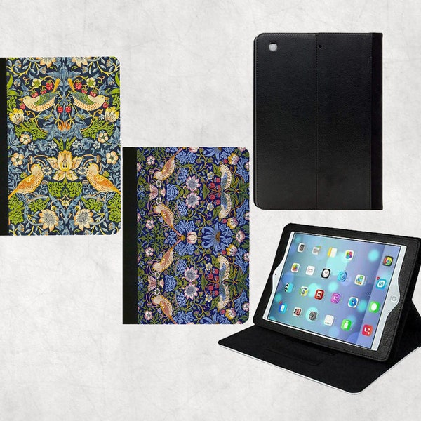 Strawberry Thief iPad Folio Case Bleu, Vert 9.7 2018 6ème génération, 2017 5ème génération, Air 5 2022, Air 2, Pro11, Mini 5 Oiseaux, William Morris Art Nouveau